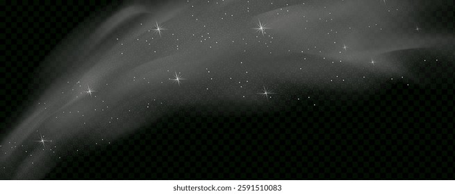  Fantastic magical smoke with glowing particles, stardust, and glittering stars, creating a colorful, ethereal fog. Vector illustration with vibrant, multicolored steam and vapor.