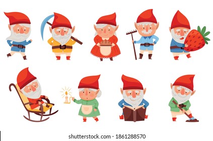 Fantastic Male And Female Gnome Character With Red Pointed Hat Vector Illustration Set