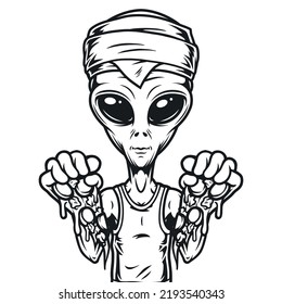 Fantastic Martian Monochrome Vintage Portrait Stands With Slices Of Pizza Alien Food In Hands Humanoid From Outer Space Vector Illustration