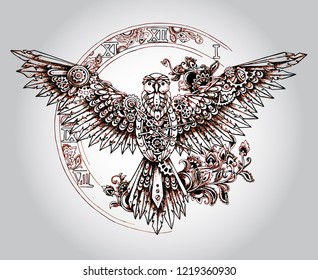 Fantastic mechanical bird on the background of the clock face