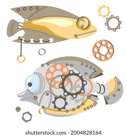 Fantastic mechanical fish. Cute metal fish with gear wheels, metal part, nails. Steampunk style. Cartoon design. Vector illustration.