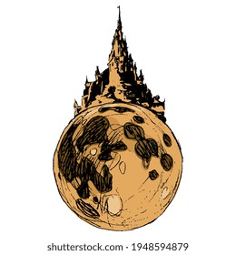 Fantastic medieval castle built on full moon. Creative surreal concept. Isolated vector illustration. Hand drawn sketch.