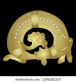 Fantastic medieval dragon eating its own tail. Ouroboros motif. Golden glossy silhouette with white pearls on black background.