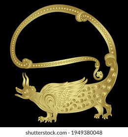 Fantastic medieval dragon with long tail. Gothic style. Illuminated manuscript art. Golden glossy silhouette on black background.