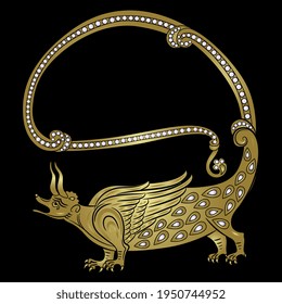 Fantastic medieval dragon with long tail. Gothic style. Illuminated manuscript art. Golden glossy silhouette adorned with pearls on black background.