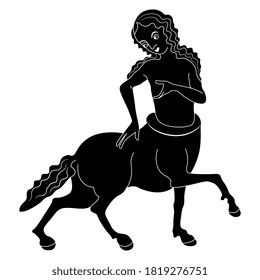 Fantastic Medieval Lady Centaur. Half Horse Half Woman. Black And White Silhouette.