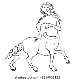 Fantastic medieval lady centaur. Half horse half woman. Hand drawn linear doodle ink sketch. Black silhouette on white background.