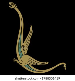 Fantastic medieval winged dragon with long neck. Gothic illuminated manuscript decor.