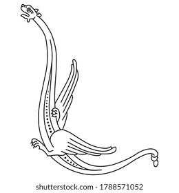 Fantastic medieval winged dragon with long neck. Gothic illuminated manuscript decor. Black and white linear silhouette.