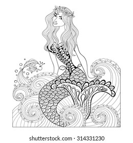 Fantastic mermaid in sea waves with a goldfish and wreath on the head for adult anti stress Coloring Page with high details isolated on white background, illustration in zentangle style.