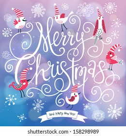 Fantastic Merry Christmas card in vector. Cute stylish birds on Merry Christmas text on bright bokeh background