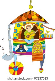 Fantastic mobile house with the boy playing a guitar