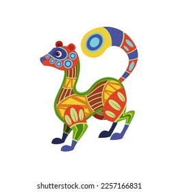 Fantastic mongoose as traditional Mexican decorative element isolated on white background. Colorful Mexican alebrije vector illustration. Mexico, decoration, celebration concept