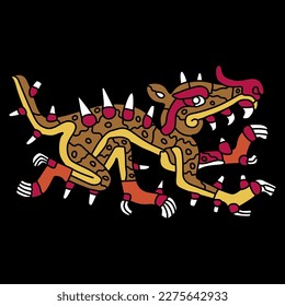 Fantastic monster animal. Native American design of Aztec Indians from Mexican codex. On black background.