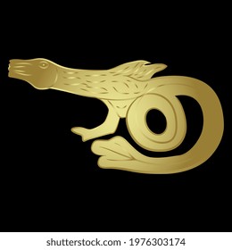 Fantastic monster dragon. Medieval Celtic animal design. Golden glossy silhouette on black background.