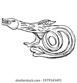 Fantastic monster dragon. Medieval Celtic animal design. Hand drawn linear doodle rough sketch. Black silhouette on white background.