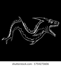 Fantastic monster fish. Ancient Greek animal motif. Hand drawn linear sketch. White silhouette on black background.