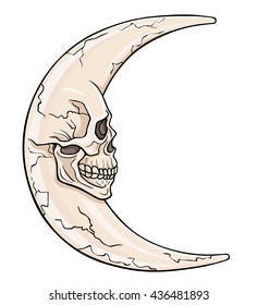 The fantastic moon in the form of a human skull. Esoteric symbol, boho design. The linear color drawing isolated on a white background. Vector illustration.