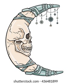 The fantastic moon in the form of a human skull. Iron jewelry. Esoteric symbol, boho design. The linear color drawing isolated on a white background. Vector illustration.