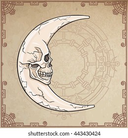 The fantastic moon in the form of a human skull. Esoteric symbol, boho design. Background - an ethnic frame, a spiritualistic circle, an imtation of old paper. Vector illustration.