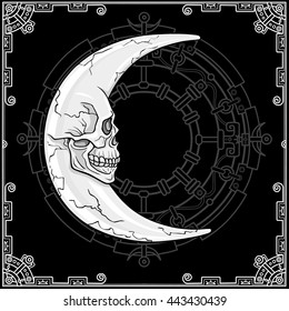 Fantastic moon in the form of a human skull. Esoteric symbol, boho design.  Background - an ethnic frame, a spiritualistic circle.Monochrome Vector illustration. Print, posters, t-shirt, textiles.