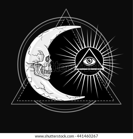 The fantastic moon, in the form of a human skull. Esoteric symbol, sacred geometry. The monochrome drawing isolated on a black background. Vector illustration. Print, posters, t-shirt, textiles.