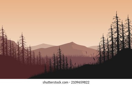 Fantastic mountain panorama with dry tree silhouette