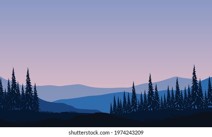 Fantastic Mountain view with forest scenery from out of the city in the morning. Vector illustration of a city