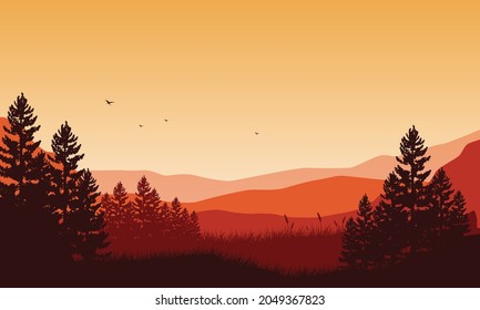 Fantastische Bergsicht mit der Silhouette der Kiefern vom Rand der Stadt bei Sonnenuntergang. Vektorgrafik einer Stadt