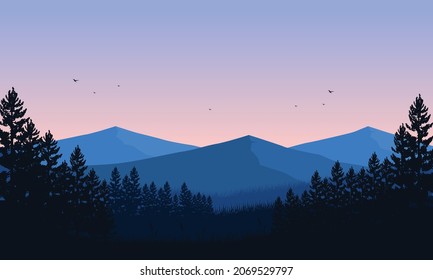 A fantastic mountain view with the silhouette of pine trees from the out of the city at dusk. Vector illustration of a city