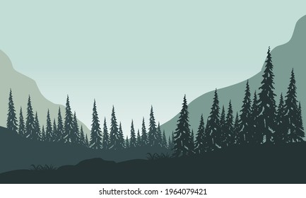 Fantastic Mountain views with forest from the edge of the city in the morning. Vector illustration of a city