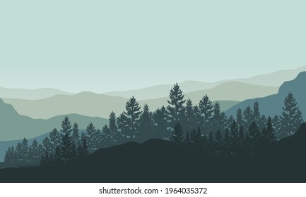 Fantastic Mountain views with a forest at sunrises in the morning. Vector illustration of a city