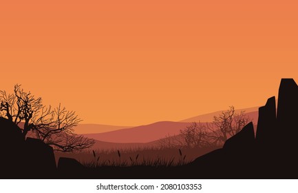 Fantastic mountain views from the out of town at dusk. Vector illustration of a city