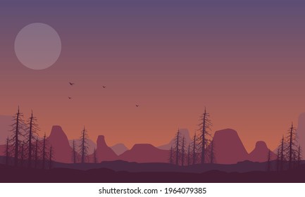 Fantastic Mountain views under the twilight sky and the full moon which is truly beautiful. Vector illustration of a city
