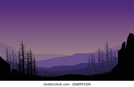 Fantastic mountains view with pine tree silhouette at dusk from the countryside. Vector illustration of a city