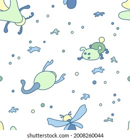 Fantastic multicolored creatures isolated on white background. Seamless pattern for baby clothes. Design for textiles, fabrics, paper, baby products. Vector illustration