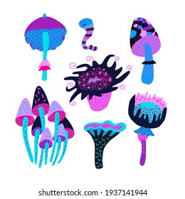 Fantastic mushrooms in a bright neon color..Set of magic toadstools. Deadly style. For a poster, for a postcard. Stylish interior decoration.
