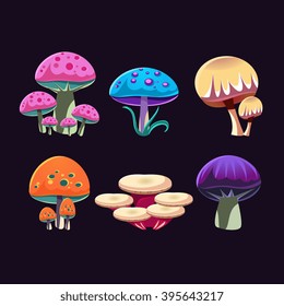 Fantastic Mushrooms Colorful Creative Flat Vector Design Collection Of Isolated Icon On Black Background