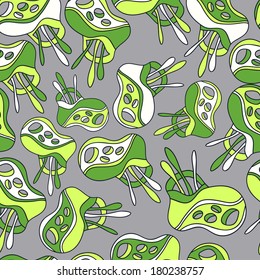 Fantastic mushrooms continuous seamless vector pattern.Floral background with flowers. Seamless pattern can be used for web page backgrounds, wallpapers ,pattern. lime white yellow gray bright spring 