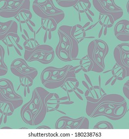 Fantastic mushrooms continuous seamless vector pattern.Floral background with flowers. Seamless pattern can be used for web page backgrounds, wallpapers ,pattern. Bright spring colors. turquoise gray