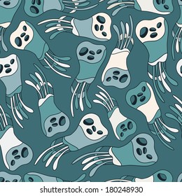 Fantastic mushrooms continuous seamless vector pattern.Floral background with flowers. Seamless pattern can be used for web page backgrounds, wallpapers ,pattern. Bright spring colors white blue 