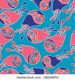Fantastic mushrooms continuous seamless vector pattern.Floral background with flowers. Seamless pattern can be used for web page backgrounds, wallpapers ,pattern. Bright spring colors blue pink white