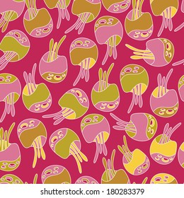 Fantastic mushrooms continuous seamless vector pattern.Floral background with flowers. Seamless pattern can be used for web page backgrounds, wallpapers pattern. Bright spring colors pink white yellow