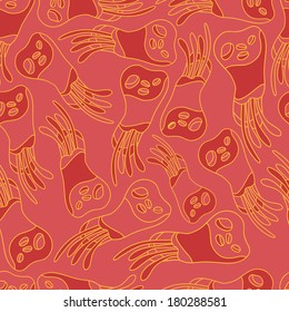 Fantastic mushrooms continuous seamless vector pattern.Floral background with flowers. Seamless pattern can be used for web page backgrounds, wallpapers pattern. Bright spring colors yellow coral red