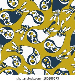 Fantastic mushrooms continuous seamless vector pattern.Floral background with flowers. Seamless pattern can be used for web page backgrounds, wallpapers pattern. Bright spring colors white yellow blue
