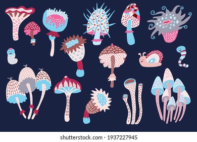 Fantastic mushrooms in delicate pastel colors on a dark background. Set of various magic toadstools. For a poster, for a postcard. Stylish interior decoration.