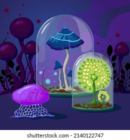 Fantastiques champignons sur une planète inconnue avec des plantes et un paysage cosmique sous un capuchon de verre, illustration vectorielle fleck, utilisable sur les sites de publicité, illustration.