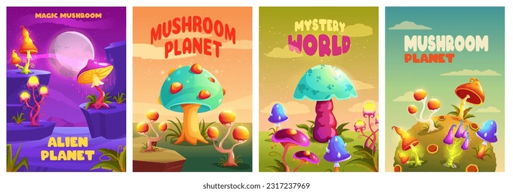 Fantastic mushrooms posters. Mystery magic space fungus planet background, bizarre alien mushroom flyer and groovy psychedelic trippin sticker vector illustration set of mushroom fantasy forest magic