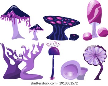 Fantastic mushrooms set. Magic alien plants. Vector illustration, isolated on white background.Vector amanitas icons bundle. Decorative nature elements collection. Stock vector illustration. Eps 10