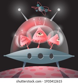 Fantastic mushrooms in space shuttle on the planet surface. Vector illustration.